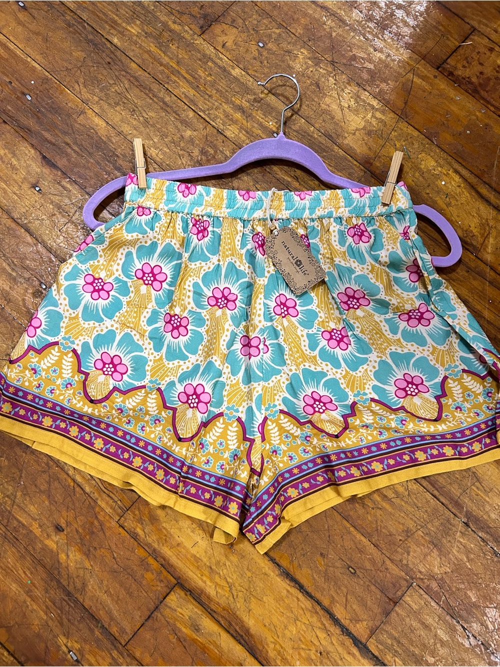 NATURAL LIFE Aqua Floral Border-Print Athletic Shorts with Pink Accents